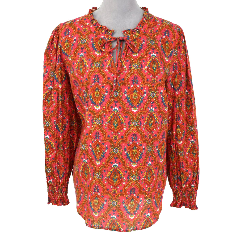 Talbots Top Womens Large Pink Orange Metallic Paisley Cotton Blouse Pullover
